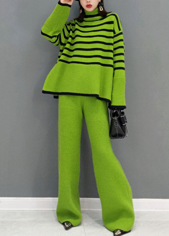 Women's Two-Piece Set Green Knit Striped Turtle Neck Wide Leg Pants - 1