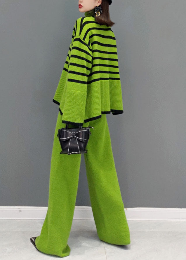 Women's Two-Piece Set Green Knit Striped Turtle Neck Wide Leg Pants - 4