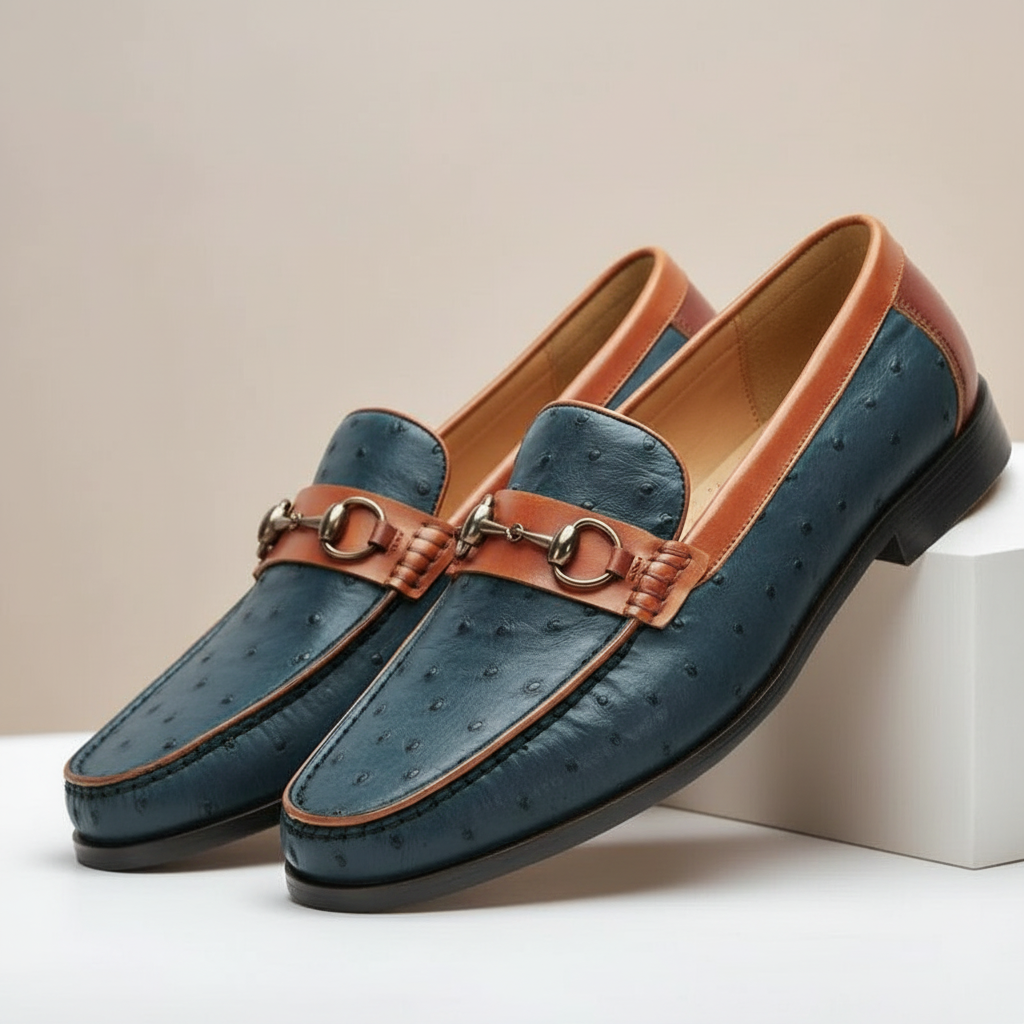 Men's Full Grain Cowhide Leather Slip-On Loafers in Blue – side view | Hensley London