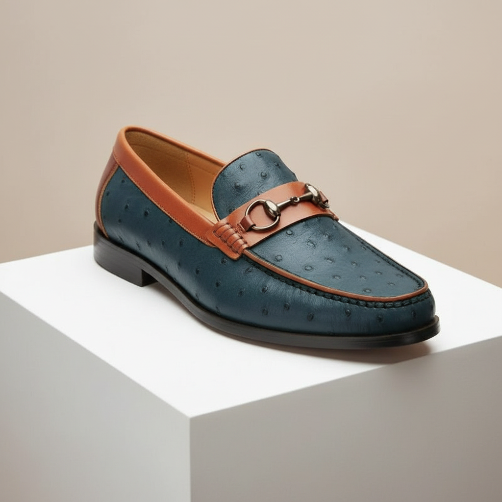 Men's Full Grain Cowhide Leather Slip-On Loafers in Blue – detail view | Hensley London