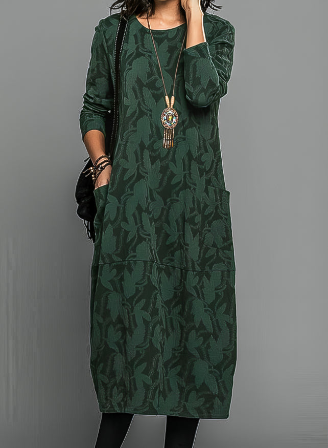 Women's Leaf-Pattern Relaxed Midi Pocket Dress in Green - product view | Hensley London