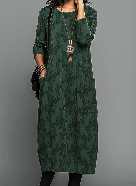 Women's Leaf-Pattern Relaxed Midi Pocket Dress in Green - product view | Hensley London