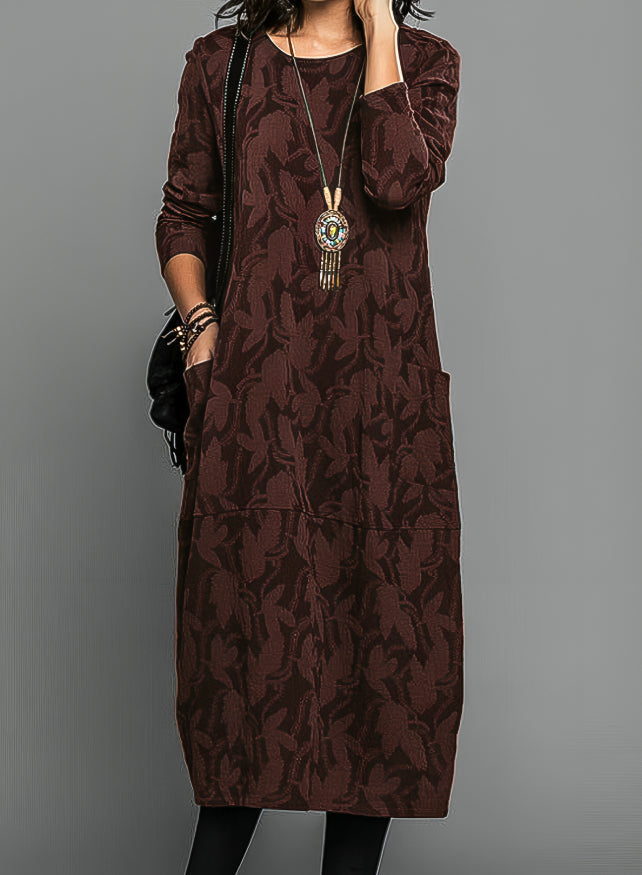 Women's Leaf-Pattern Relaxed Midi Pocket Dress in Burgundy - additional view 2 | Hensley London