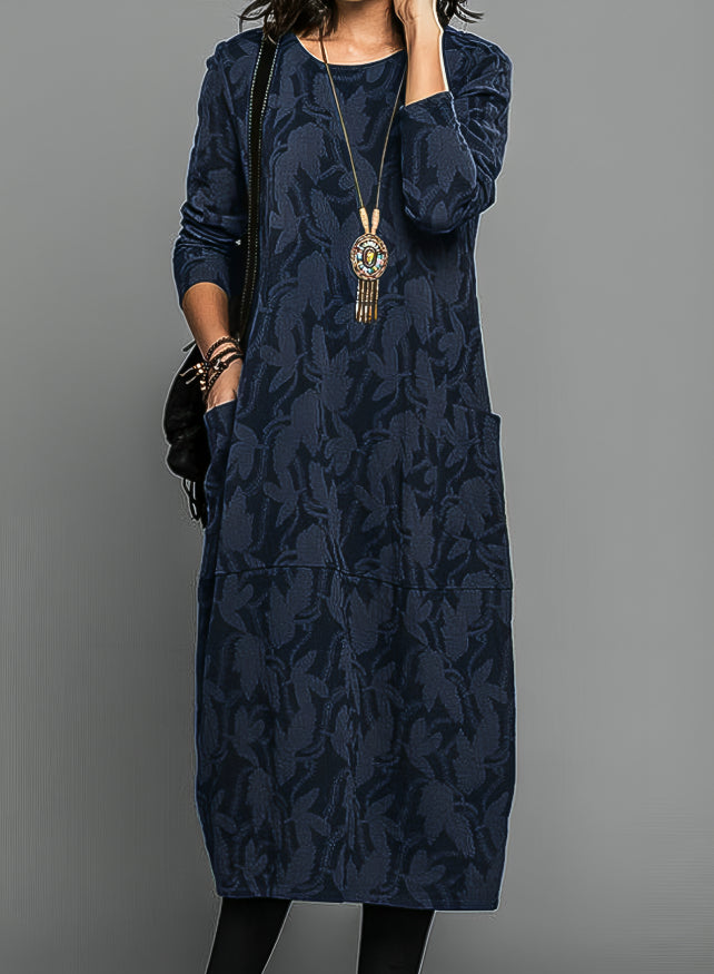 Women's Leaf-Pattern Relaxed Midi Pocket Dress in Blue - additional view 3 | Hensley London
