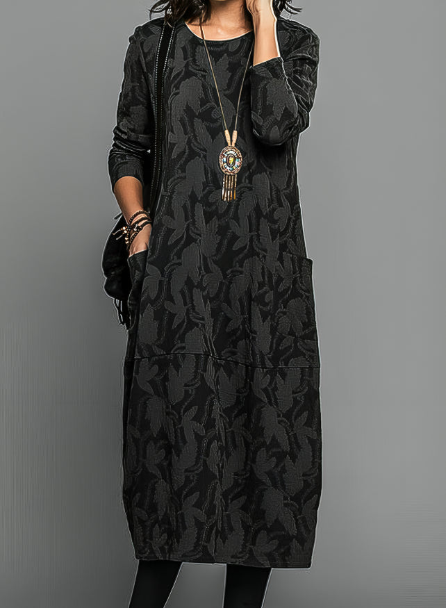 Women's Leaf-Pattern Relaxed Midi Pocket Dress in Black - additional view 4 | Hensley London