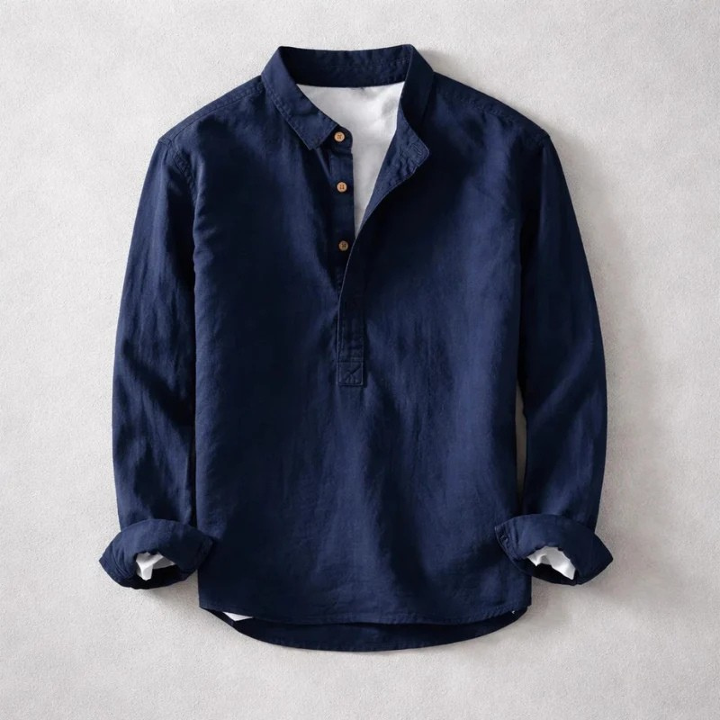 Men's Linen Long-Sleeve Button-Placket Shirt in Navy - product view | Hensley London