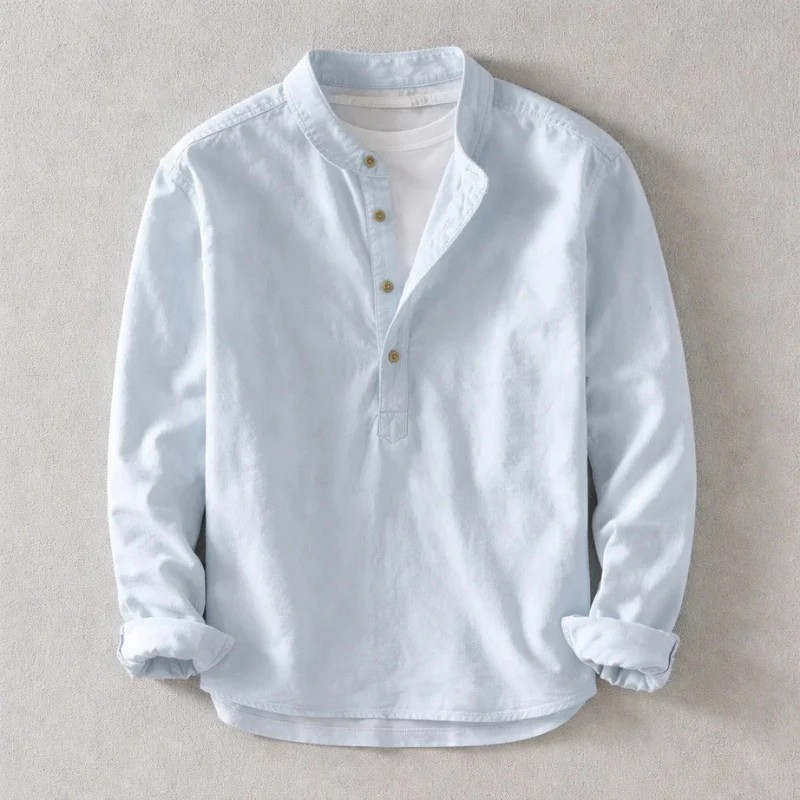 Men's Linen Long-Sleeve Button-Placket Shirt in Blue - additional view 2 | Hensley London