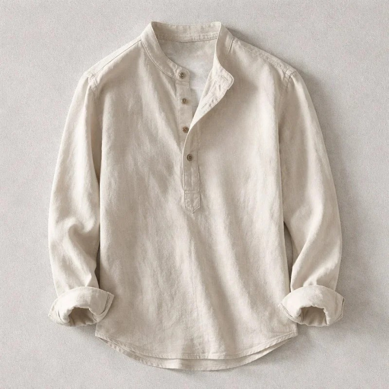 Men's Linen Long-Sleeve Button-Placket Shirt in Gray - additional view 3 | Hensley London