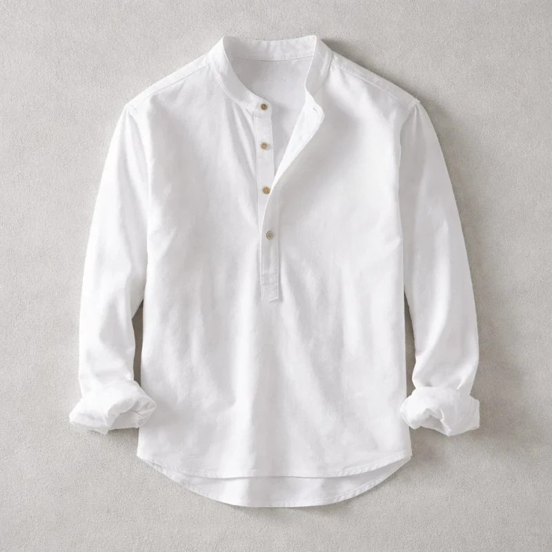 Men's Linen Long-Sleeve Button-Placket Shirt in White - additional view 4 | Hensley London