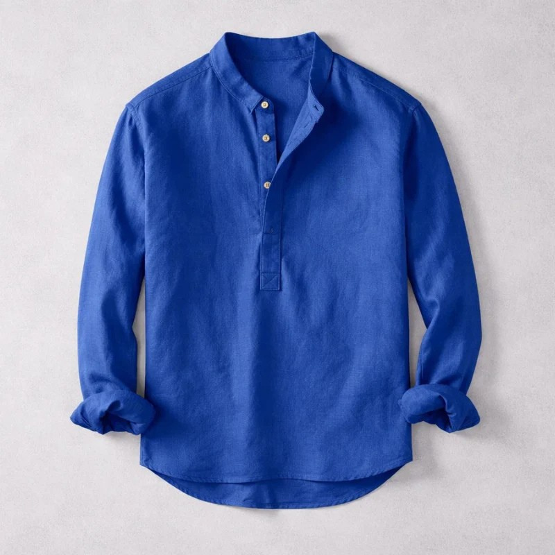 Men's Linen Long-Sleeve Button-Placket Shirt in Royal Blue - additional view 5 | Hensley London