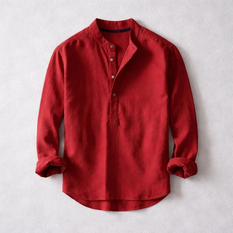 Men's Linen Long-Sleeve Button-Placket Shirt in Red - additional view 6 | Hensley London
