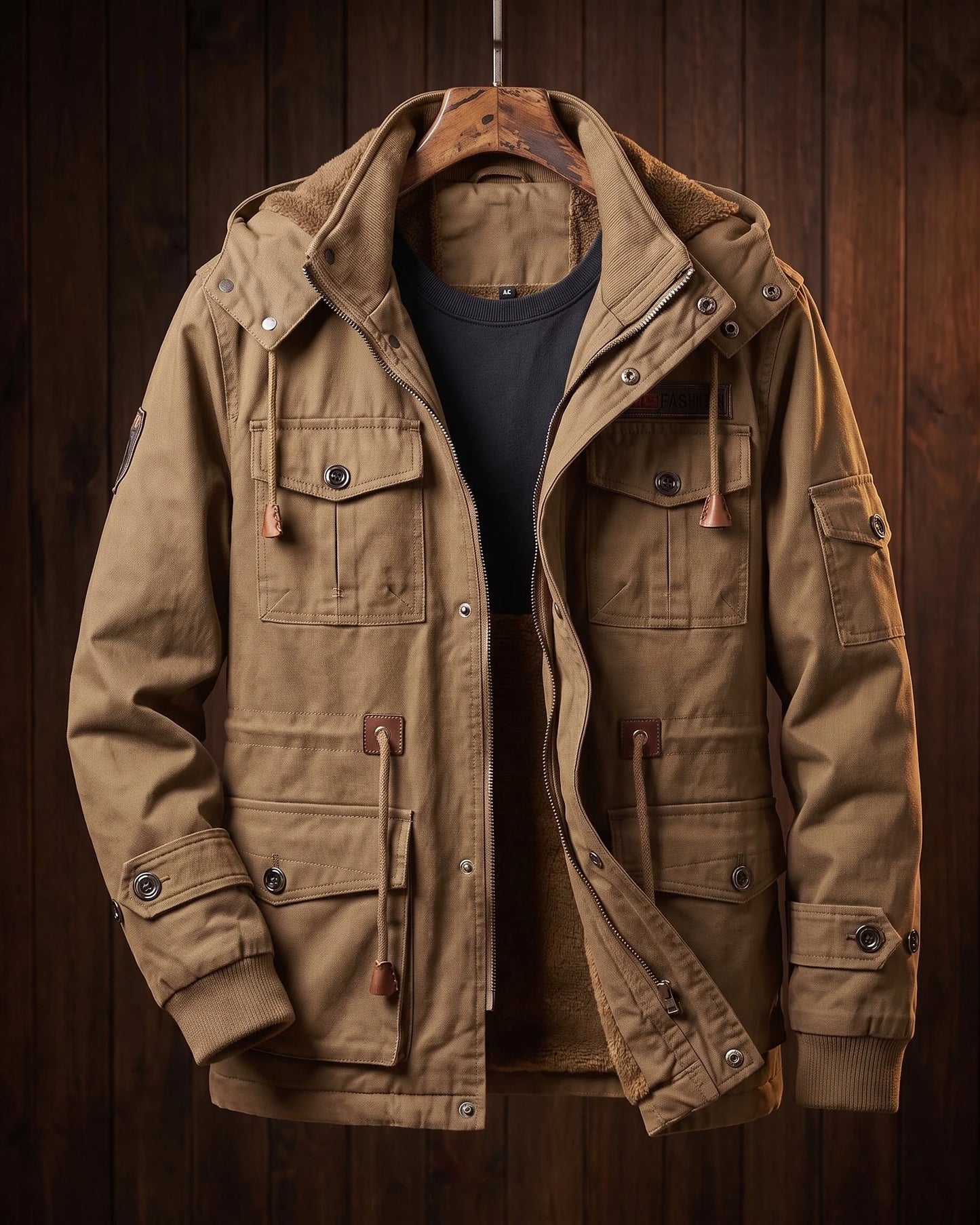 Men's Cotton Hooded Utility Jacket in Khaki – product view | Hensley London