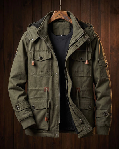 Men's Cotton Hooded Utility Jacket in Army Green – additional product view | Hensley London