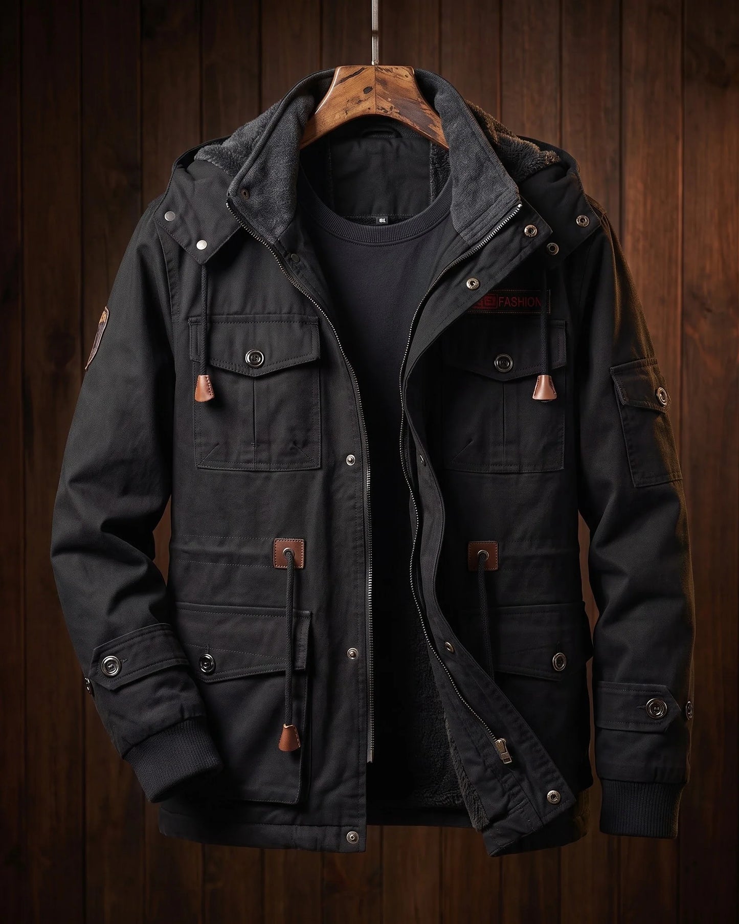 Men's Cotton Hooded Utility Jacket in Black – additional product view | Hensley London