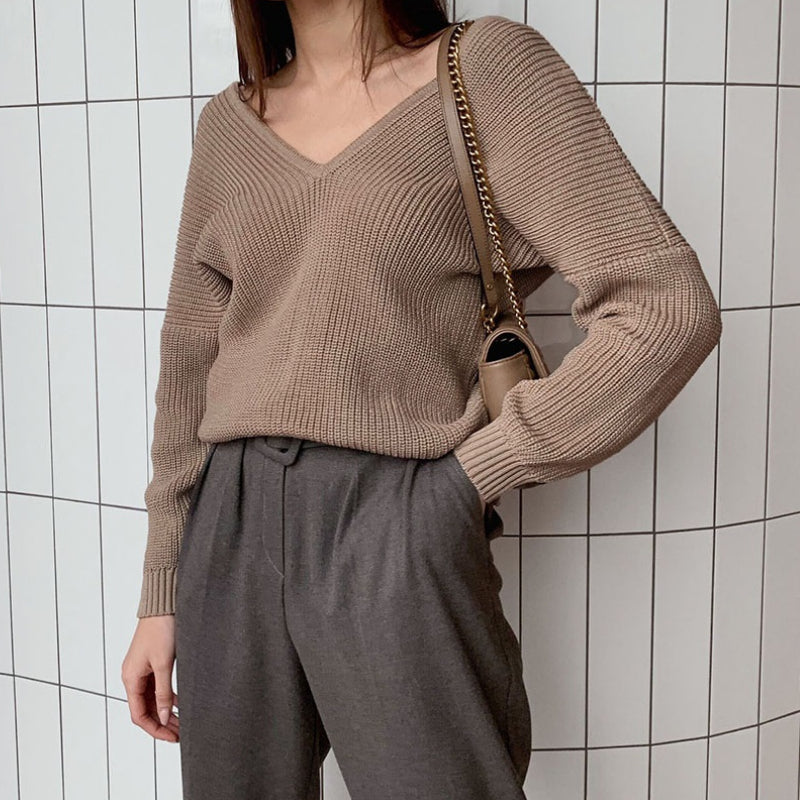 Oversize Knitted Long Sleeve Winter V-Neck Pullover Sweaters 1