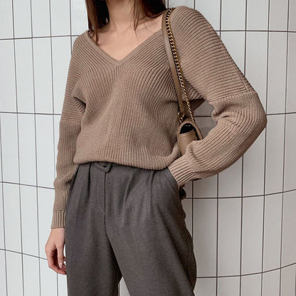 Oversize Knitted Long Sleeve Winter V-Neck Pullover Sweaters 1