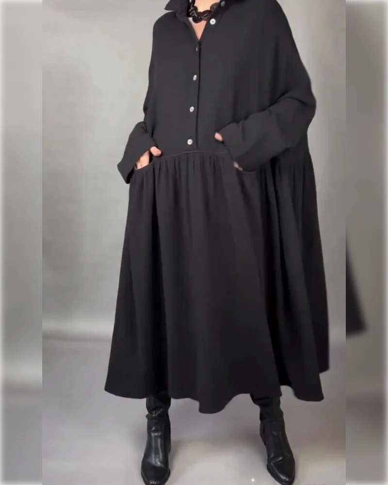 Women's Button-Collar Long-Sleeve A-Line Dress in Black – product view | Hensley London