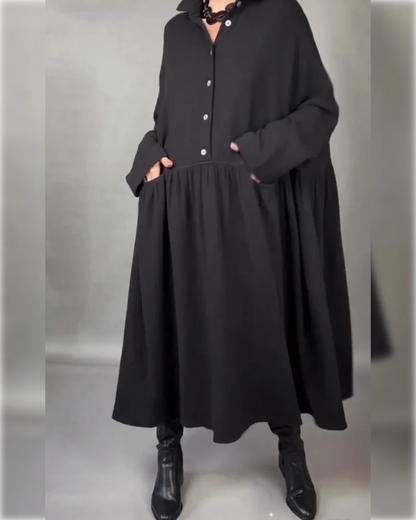 Women's Button-Collar Long-Sleeve A-Line Dress in Black – product view | Hensley London
