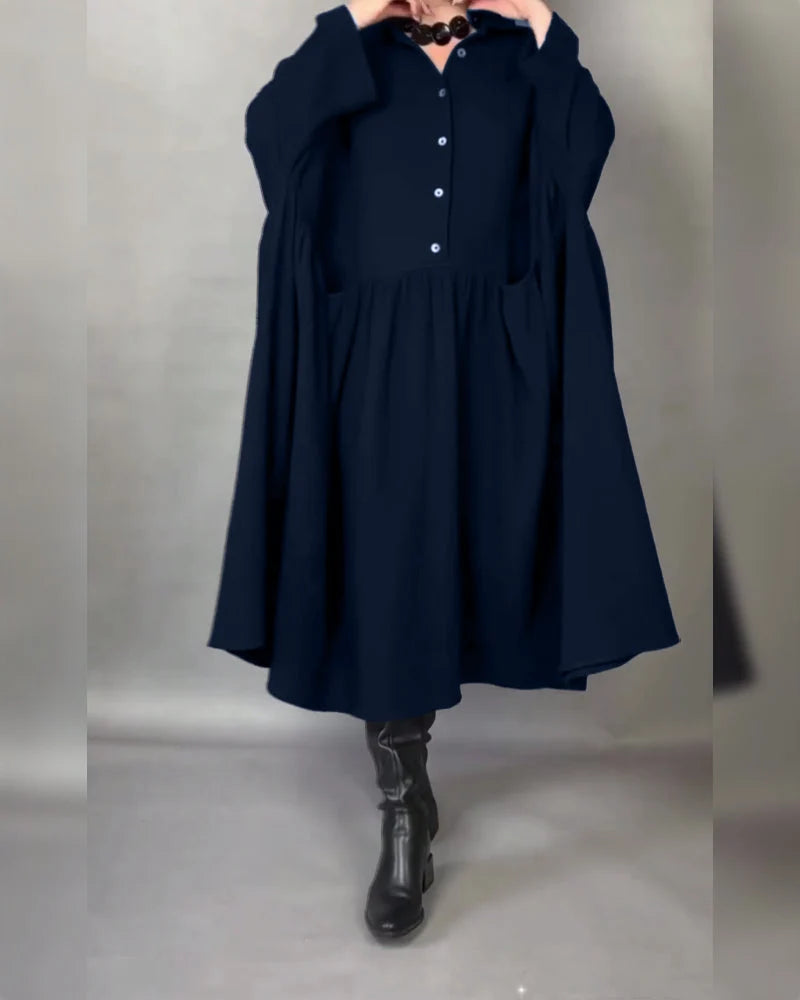 Women's Button-Collar Long-Sleeve A-Line Dress in Navy Blue – additional view | Hensley London