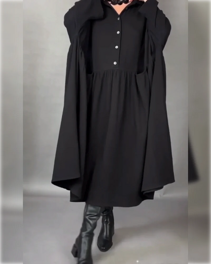 Women's Button-Collar Long-Sleeve A-Line Dress in Black – product view | Hensley London