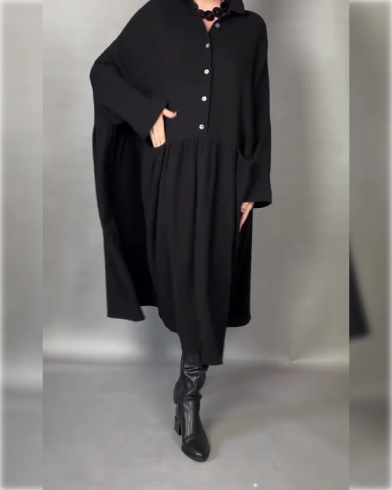 Women's Button-Collar Long-Sleeve A-Line Dress in Black – product view | Hensley London