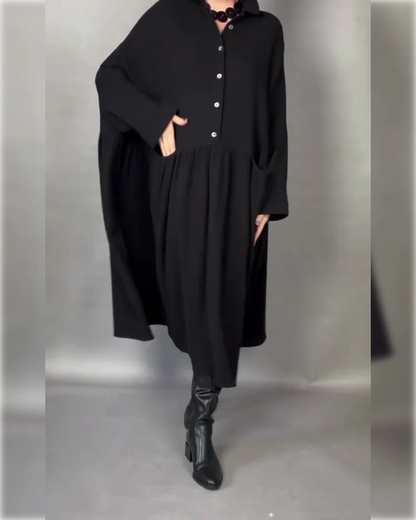 Women's Button-Collar Long-Sleeve A-Line Dress in Black – product view | Hensley London