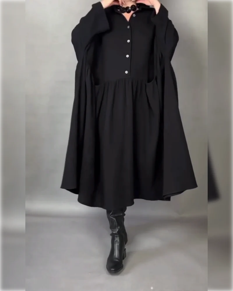 Women's Button-Collar Long-Sleeve A-Line Dress in Black – product view | Hensley London