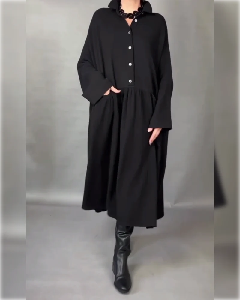 Women's Button-Collar Long-Sleeve A-Line Dress in Black – additional view | Hensley London