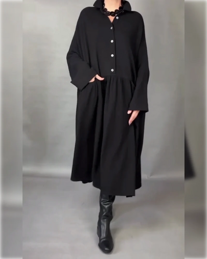 Women's Button-Collar Long-Sleeve A-Line Dress in Black – additional view | Hensley London