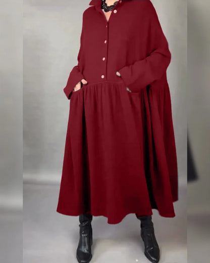 Women's Button-Collar Long-Sleeve A-Line Dress in Red – additional view | Hensley London