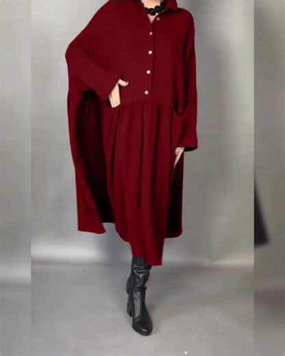 Women's Button-Collar Long-Sleeve A-Line Dress in Red – additional view | Hensley London
