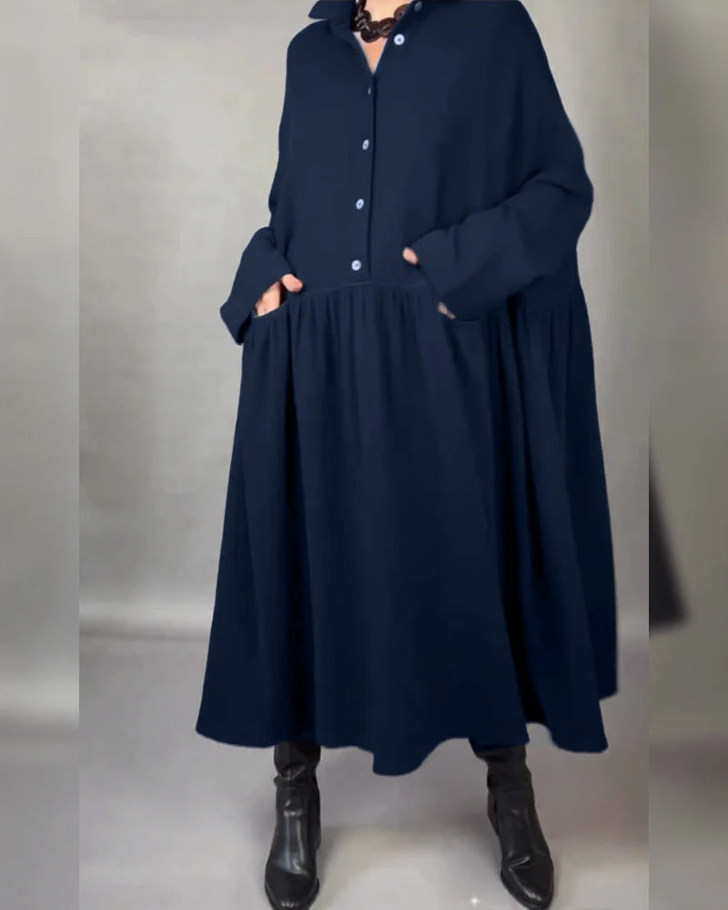 Women's Button-Collar Long-Sleeve A-Line Dress in Navy Blue – additional view | Hensley London