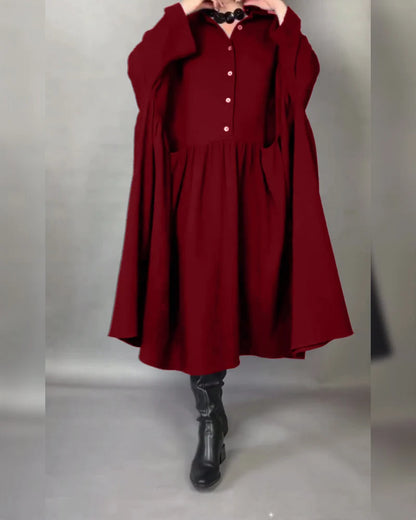Women's Button-Collar Long-Sleeve A-Line Dress in Red – additional view | Hensley London