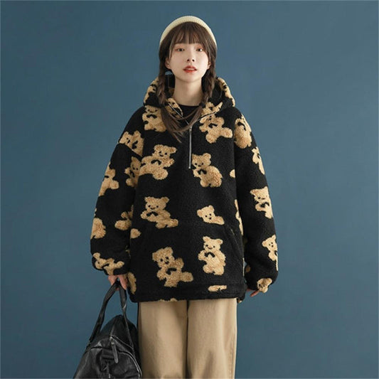 Oversized Hooded Bear Pattern Pullover Sweaters 1
