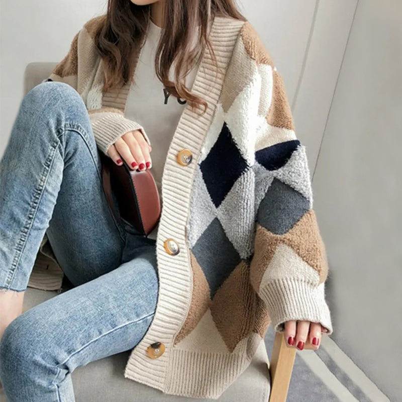 Oversized Plaid Pattern Cardigan Sweater 1