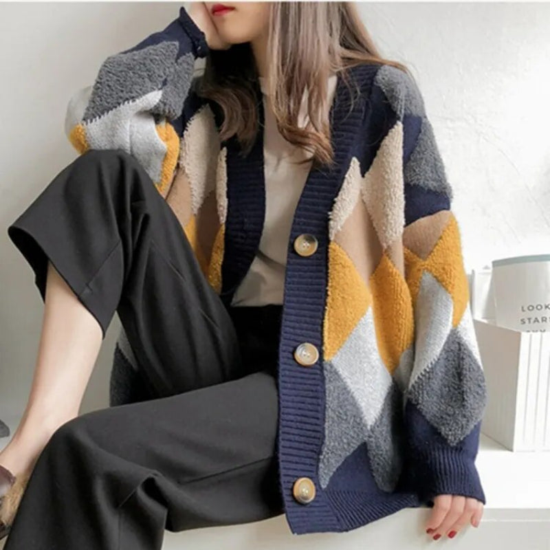 Oversized Plaid Pattern Cardigan Sweater 2