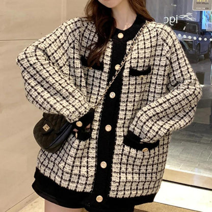 Oversized Retro Plaid Sweater Jacket 1