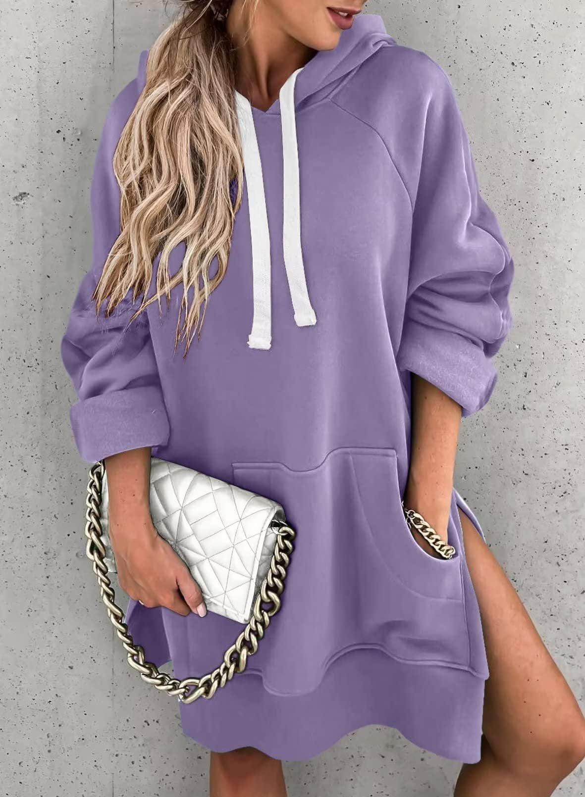 Women's Oversized Hoodie Dress Grey Cotton - 3