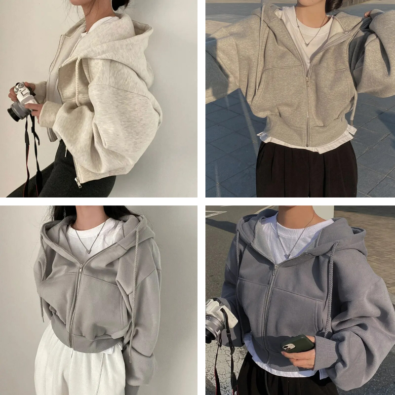 Women's Oversized Zip-Up Hoodie Grey Cotton Blend - 3