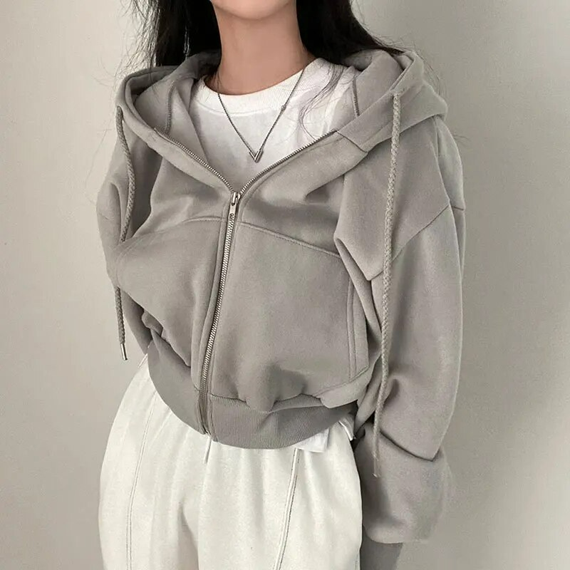 Women's Oversized Zip-Up Hoodie Grey Cotton Blend - 5