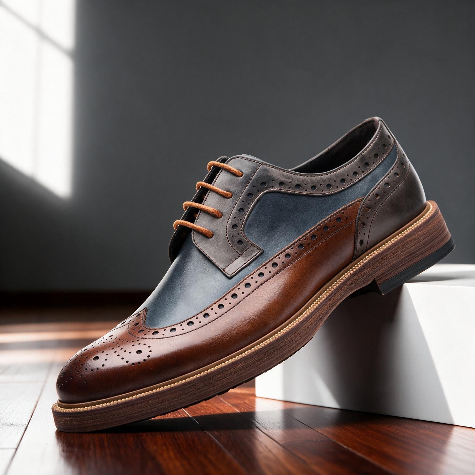 Men's Two-Tone Brogue Derby Lace-Up Shoes in Black, Brown, Brown Navy, Burgundy Navy - product view | Hensley London