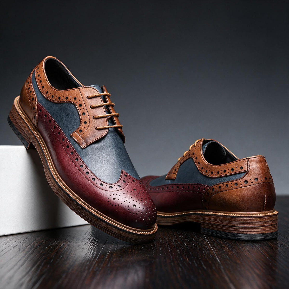 Men's Two-Tone Brogue Derby Lace-Up Shoes in Burgundy Navy - additional view 10 | Hensley London