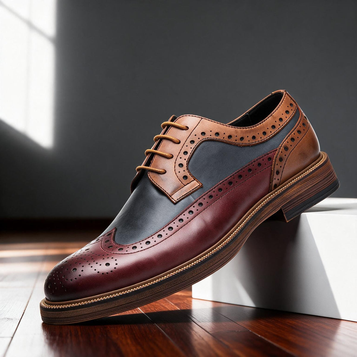 Men's Two-Tone Brogue Derby Lace-Up Shoes in Black, Brown, Brown Navy, Burgundy Navy - additional view 2 | Hensley London
