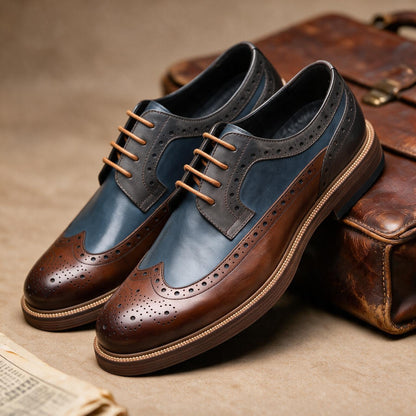 Men's Two-Tone Brogue Derby Lace-Up Shoes in Black, Brown, Brown Navy, Burgundy Navy - additional view 5 | Hensley London