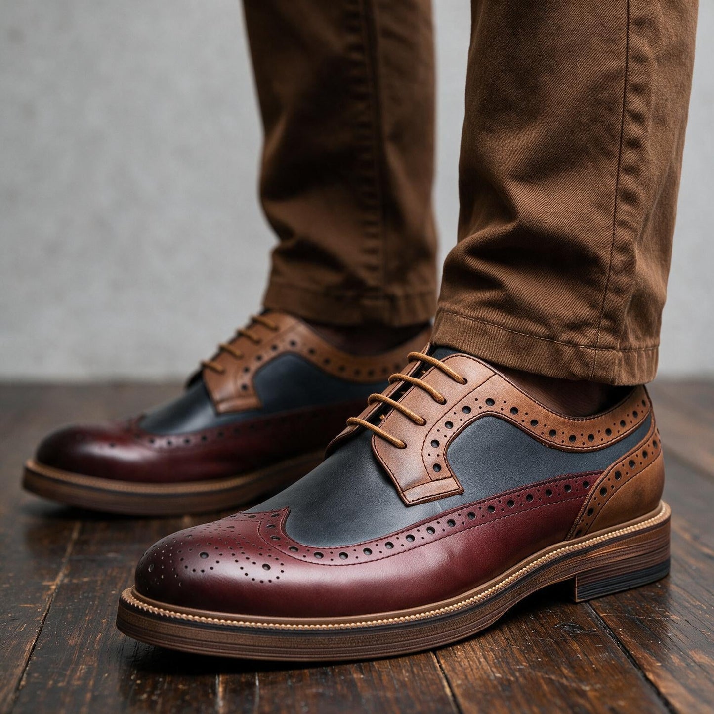 Men's Two-Tone Brogue Derby Lace-Up Shoes in Black, Brown, Brown Navy, Burgundy Navy - additional view 6 | Hensley London