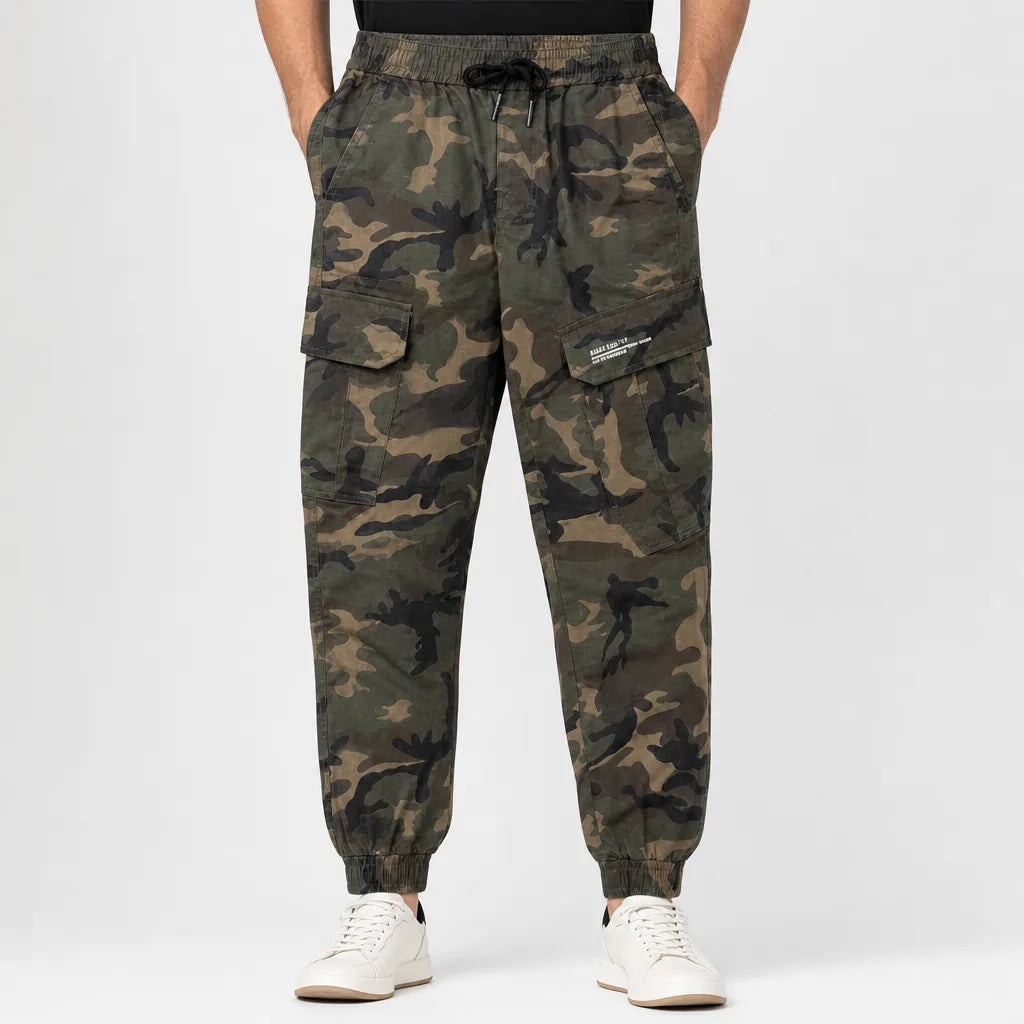 Men's Camo Cargo Joggers in Camouflage – detail view | Hensley London