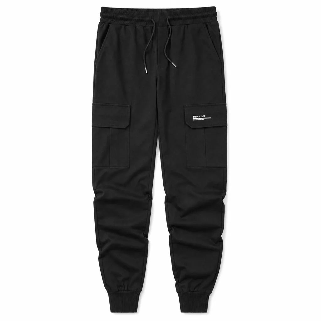 Men's Camo Cargo Joggers in Black – front view | Hensley London