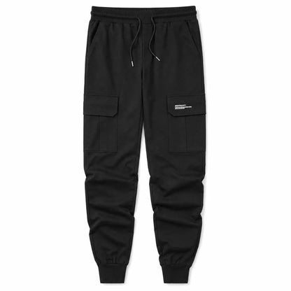 Men's Camo Cargo Joggers in Black – front view | Hensley London