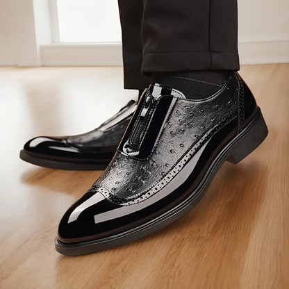 Men's Ostrich Leather Oxford Dress Shoes in Black – detail view | Hensley London