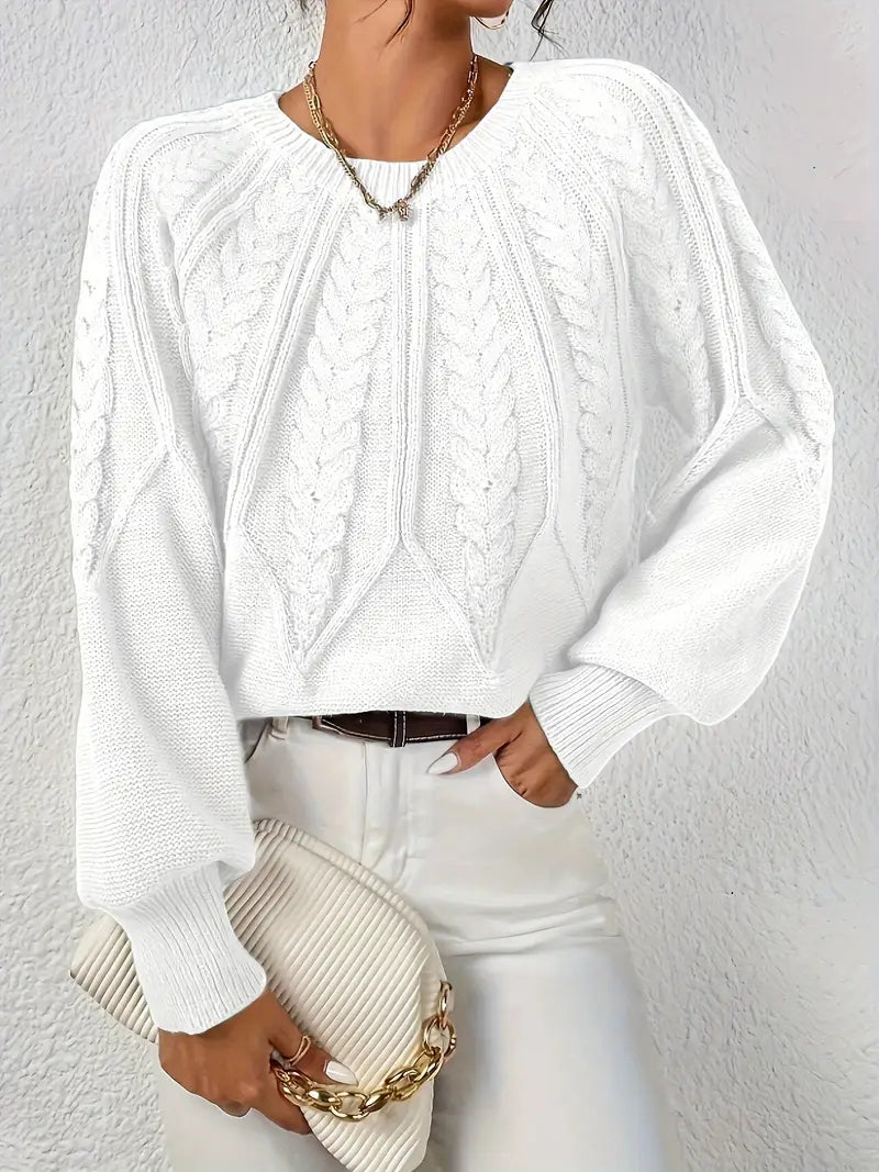 Women's Cable-Knit Long-Sleeve Sweater in White – Product view | Hensley London